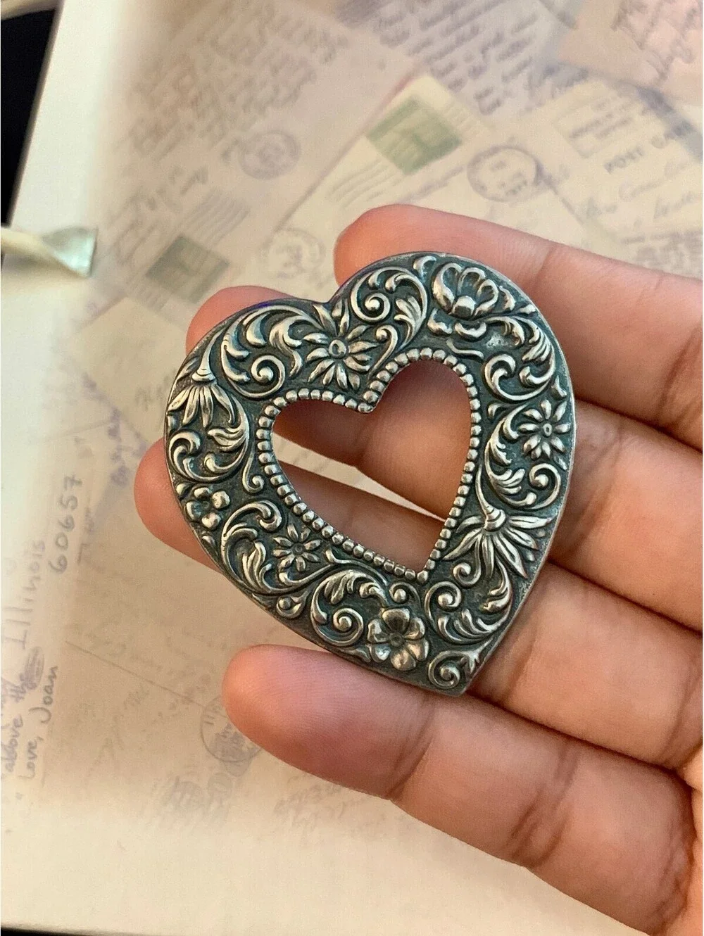 Vintage Antiqued Floral Scrollwork Open Heart Brooch
